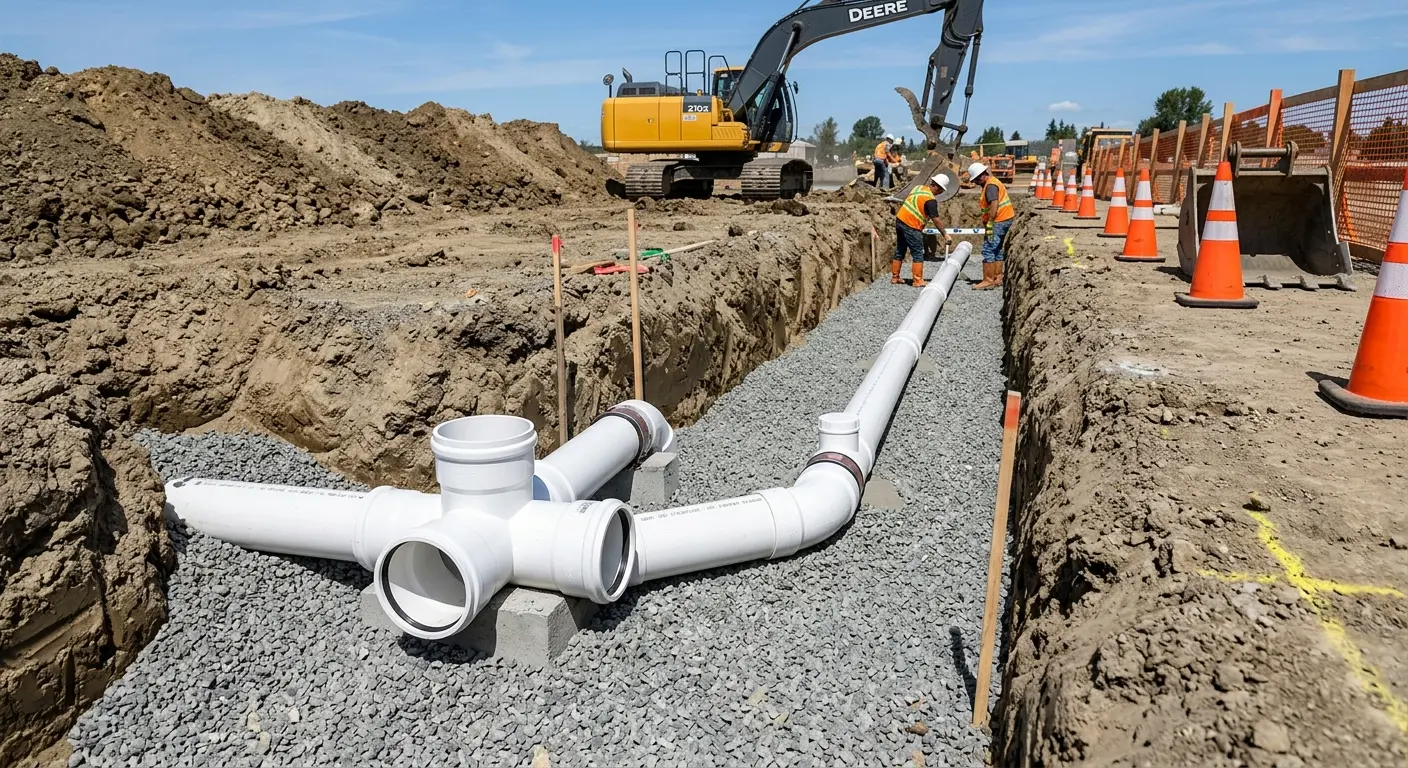 New PVC sewer pipe installation in open trench for Commercial Drain Cleaning in Union Gap