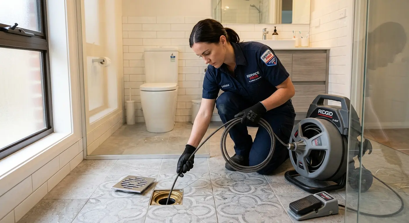 Technician clearing a bathroom floor drain for Hydro Jetting in Union Gap